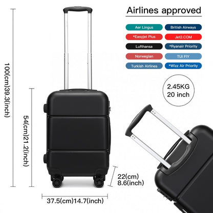 Kono KSK2485 Cabin Luggage in Black (54x37.5x22cm) - Hardshell Cabin Carry-On Suitcase with Combination Lock