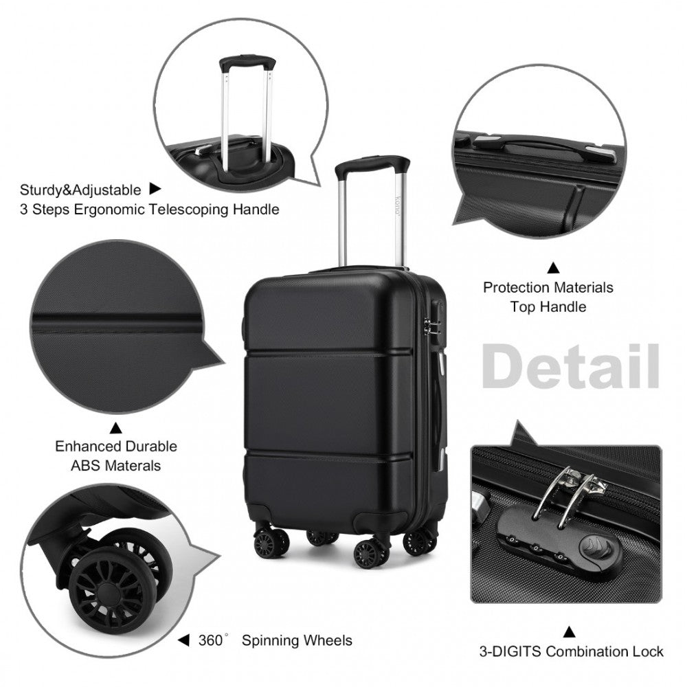 Kono KSK2485 Cabin Luggage in Black (54x37.5x22cm) - Hardshell Cabin Carry-On Suitcase with Combination Lock