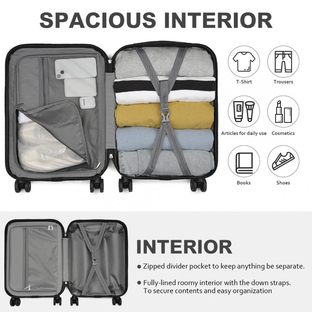 Kono KSK2485 Cabin Luggage in Black (54x37.5x22cm) - Hardshell Cabin Carry-On Suitcase with Combination Lock