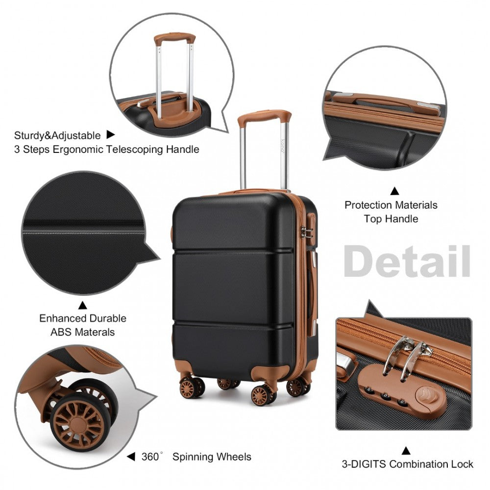 KSK2485 - Kono 20 Inch Premium ABS Cabin Carry-On Suitcase with Secure Combination Lock for Effortless Travel - Black And Brown - Luggage eStore
