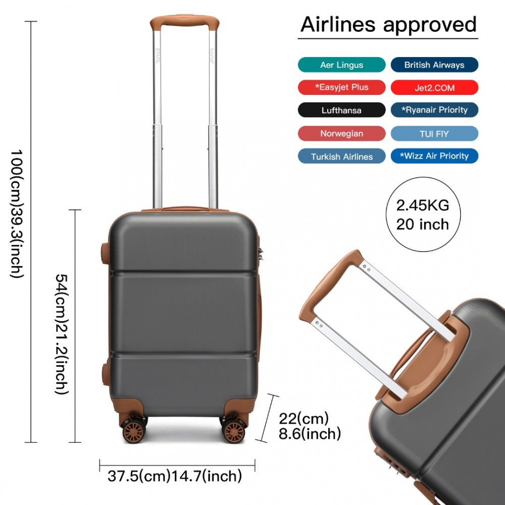 KSK2485 - Kono 20 Inch Premium ABS Cabin Carry-On Suitcase with Secure Combination Lock for Effortless Travel - Grey And Brown - Luggage eStore
