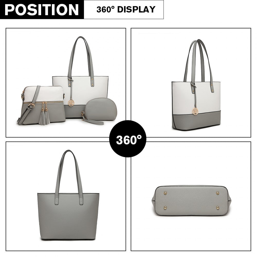 Miss Lulu LG2023 Elegant 3-Piece Leather Look Tote Bag Set in Grey And White - Luggage eStore