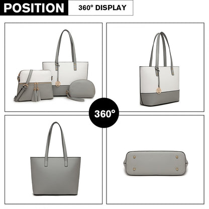 Miss Lulu LG2023 Elegant 3-Piece Leather Look Tote Bag Set in Grey And White - Luggage eStore