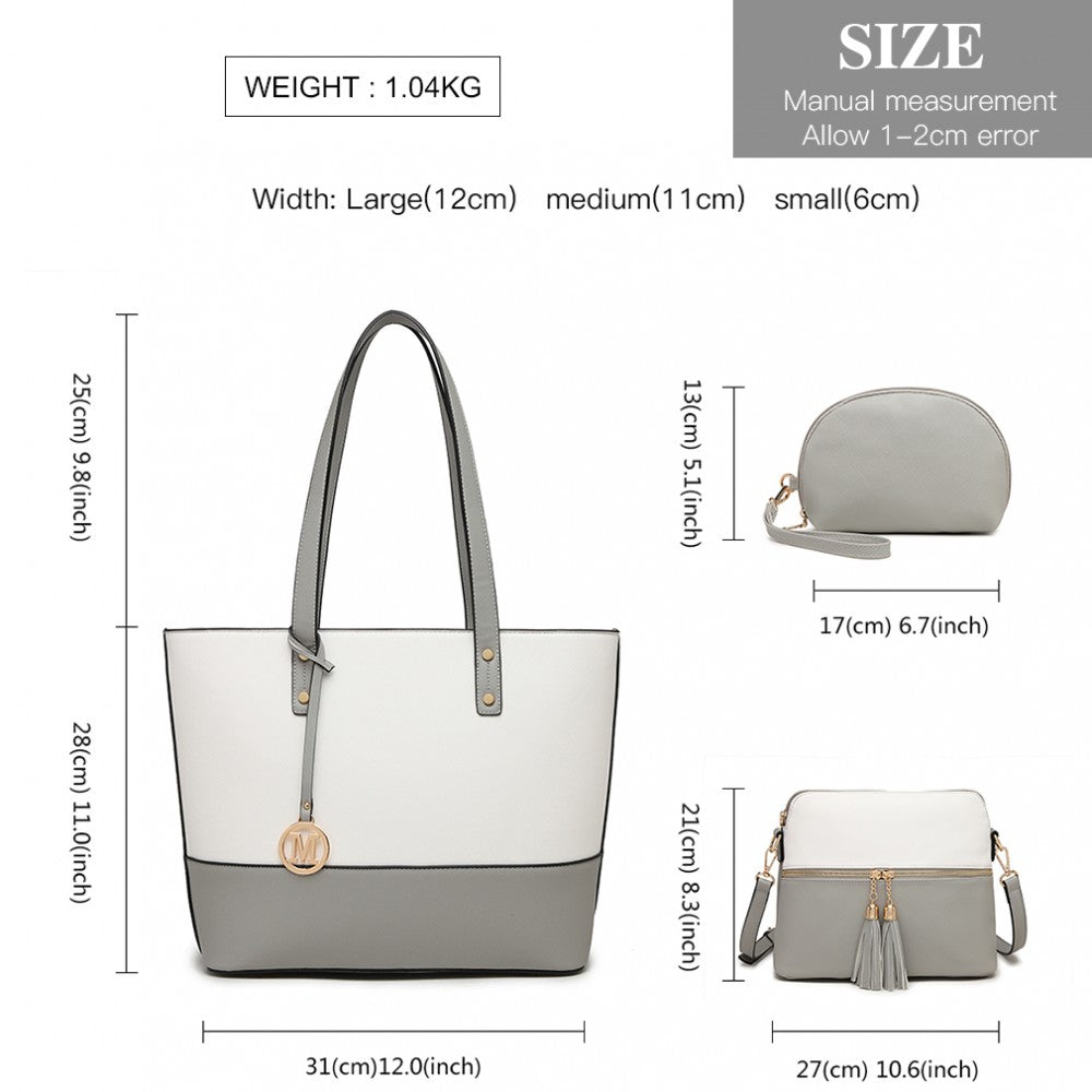 Miss Lulu LG2023 Elegant 3-Piece Leather Look Tote Bag Set in Grey And White - Luggage eStore