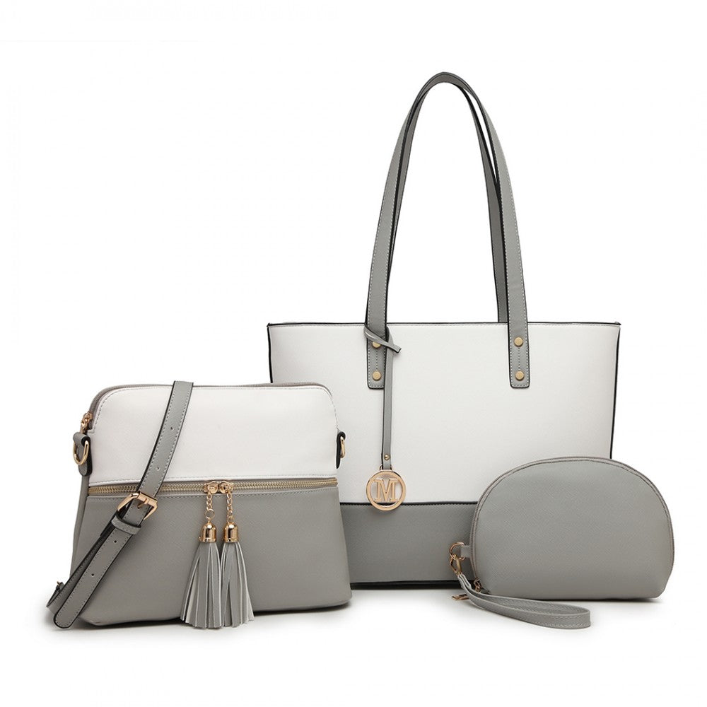 Miss Lulu LG2023 Elegant 3-Piece Leather Look Tote Bag Set in Grey And White - Luggage eStore